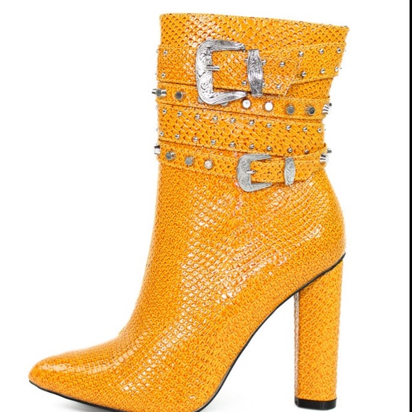 Mustard color snake embossed boot with ankle straps and buckles. - Picture 1 of 3